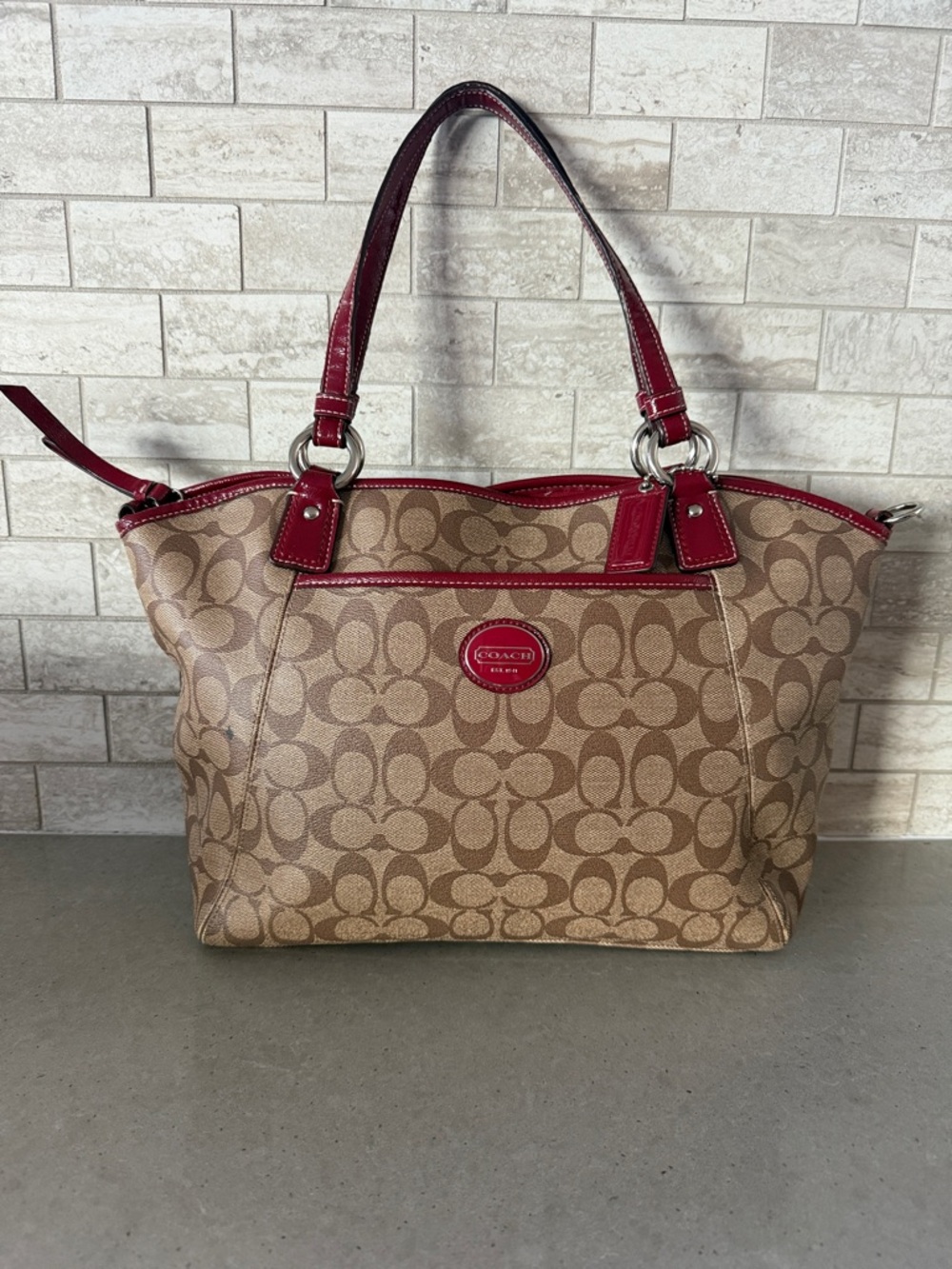 Coach Signature Canvas Tote with Red Leather Trim